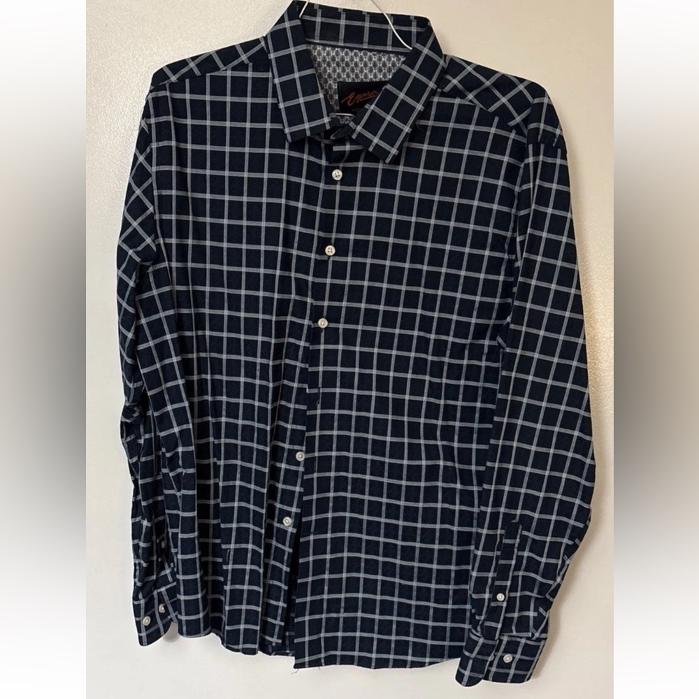 Egara by Mens Warehouse Men's Navy Windowpane Button-Down Long Sleeve Shirt
